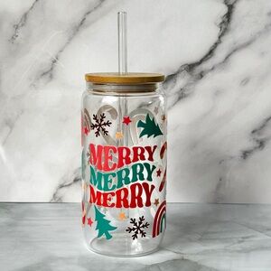 Festive Holiday Glass Tumbler with Straw